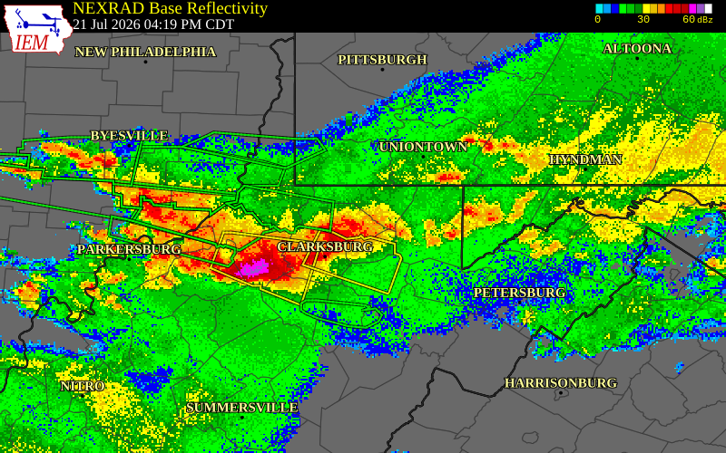 NEXRAD radar during the Tuesday, July 21, 2026 storm activity in Marion County, West Virginia