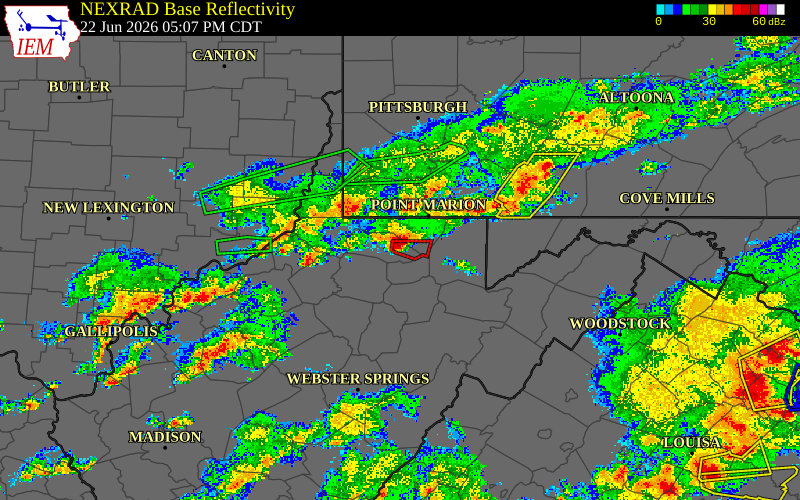 Radar snapshot during the Jun 22, 2026 tornado event near 2 ENE Fairmont, Marion County, West Virginia, with NWS warning polygons
