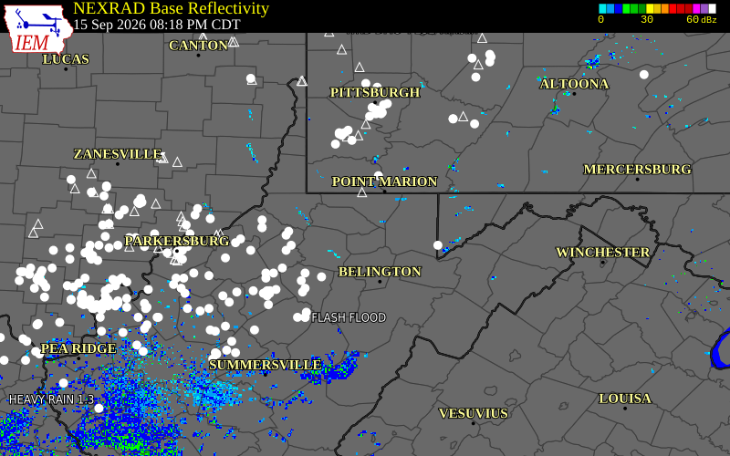 Current NEXRAD radar over Marion County, West Virginia with recent storm report locations