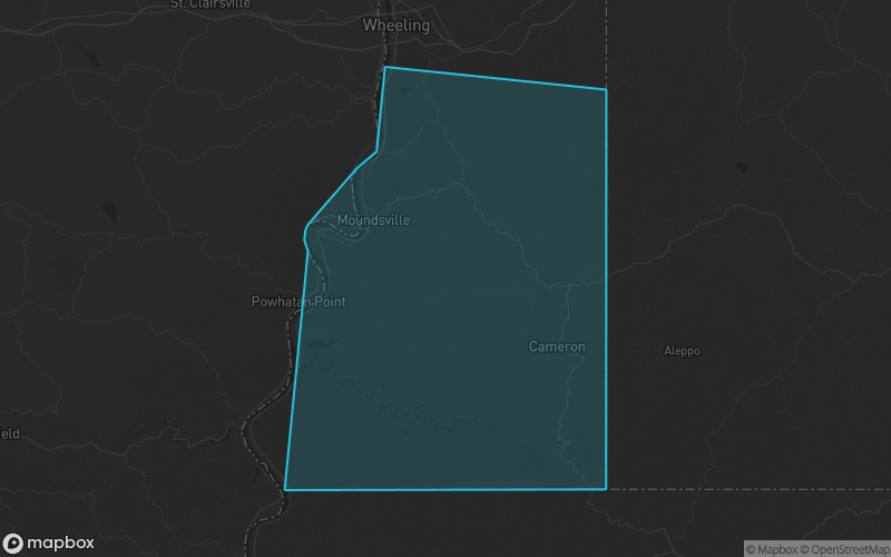 Map of Marshall County, West Virginia showing the county boundary and surrounding cities