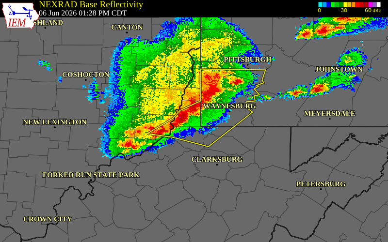 NEXRAD radar during the Saturday, June 6, 2026 storm activity in Marshall County, West Virginia