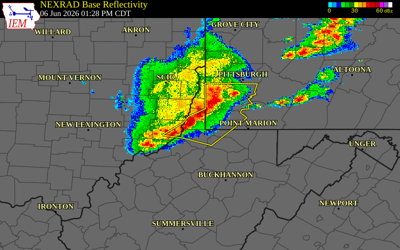 Radar snapshot during the Jun 6, 2026 wind event near 3 SSW Cameron, Marshall County, West Virginia, with NWS warning polygons