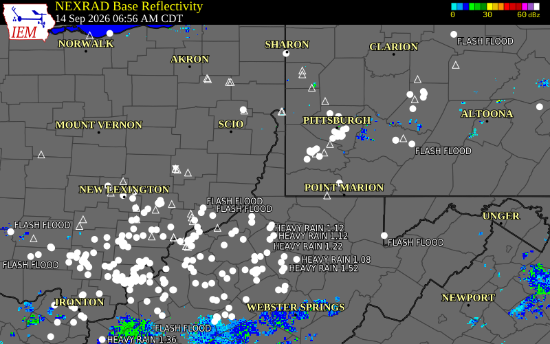 Current NEXRAD radar over Marshall County, West Virginia with recent storm report locations