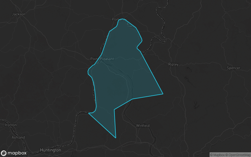 Map of Mason County, West Virginia showing the county boundary and surrounding cities