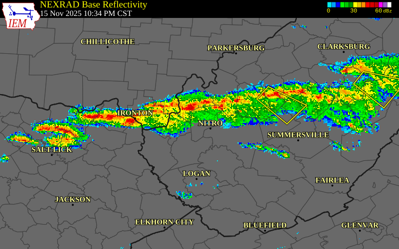 NEXRAD radar during the Saturday, November 15, 2025 storm activity in Mason County, West Virginia