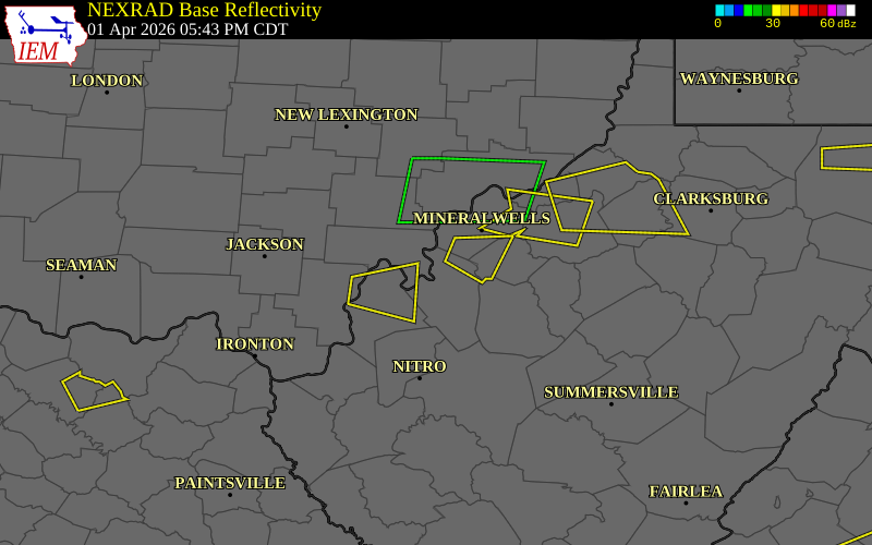 NEXRAD radar during the Wednesday, April 1, 2026 storm activity in Mason County, West Virginia