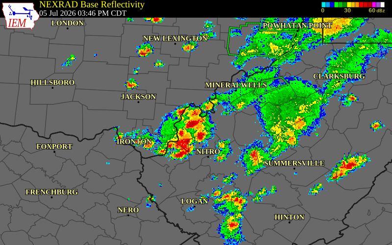 NEXRAD radar during the Sunday, July 5, 2026 storm activity in Mason County, West Virginia