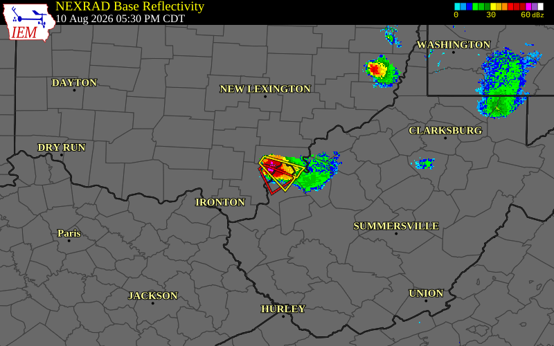 Radar snapshot during the Aug 10, 2026 hail event near 5 NNE Point Pleasant, Mason County, West Virginia, with NWS warning polygons