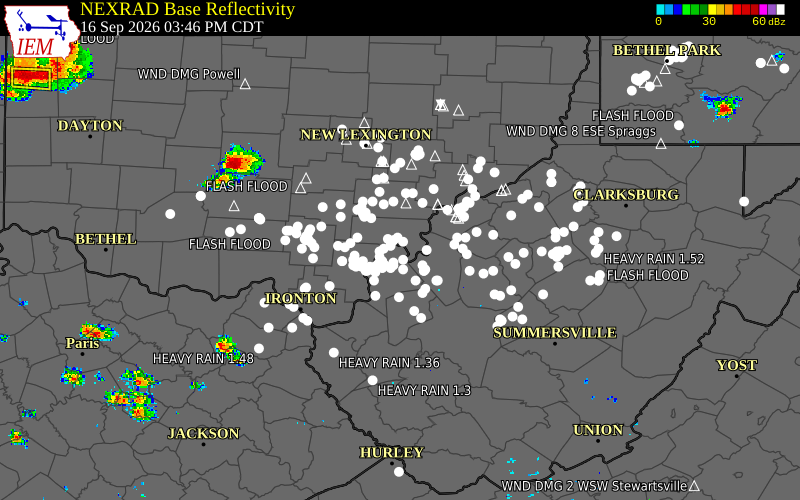 Current NEXRAD radar over Mason County, West Virginia with recent storm report locations