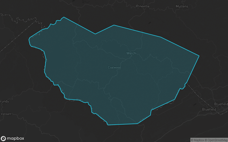 Map of McDowell County, West Virginia showing the county boundary and surrounding cities