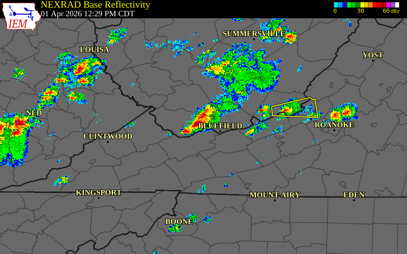 NEXRAD radar during the Wednesday, April 1, 2026 storm activity in McDowell County, West Virginia
