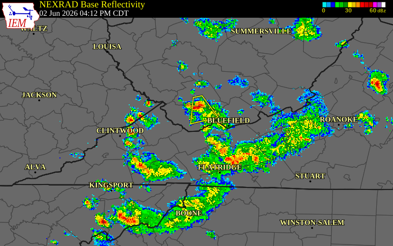 NEXRAD radar during the Tuesday, June 2, 2026 storm activity in McDowell County, West Virginia