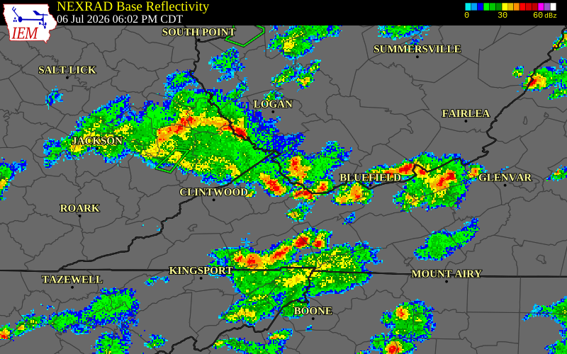 NEXRAD radar during the Monday, July 6, 2026 storm activity in McDowell County, West Virginia