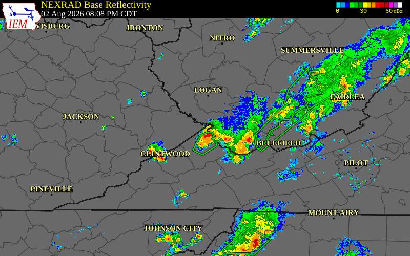 NEXRAD radar during the Sunday, August 2, 2026 storm activity in McDowell County, West Virginia