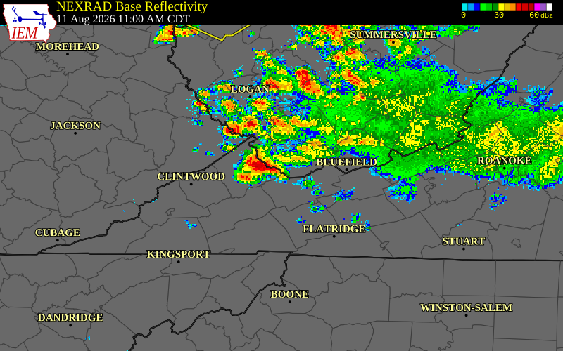 NEXRAD radar during the Tuesday, August 11, 2026 storm activity in McDowell County, West Virginia