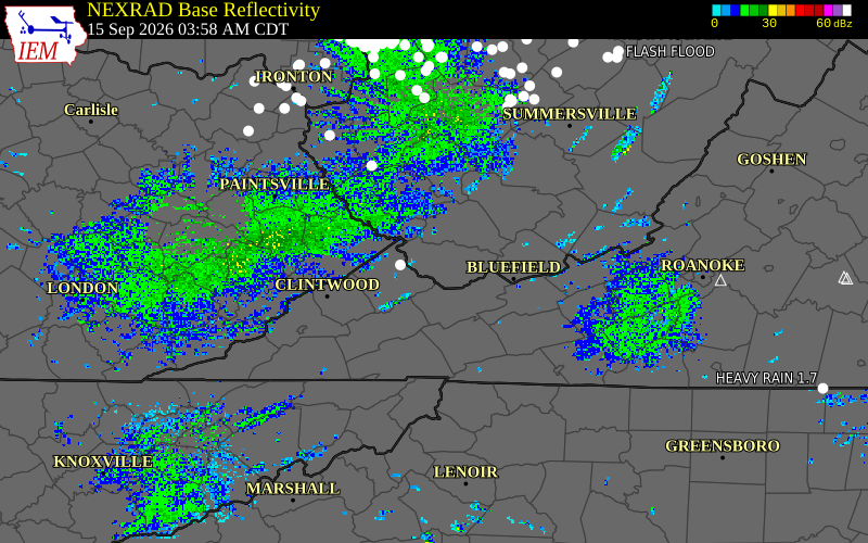 Current NEXRAD radar over McDowell County, West Virginia with recent storm report locations