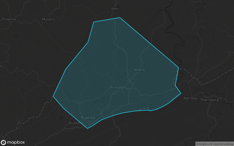 Map of Mercer County, West Virginia showing the county boundary and surrounding cities