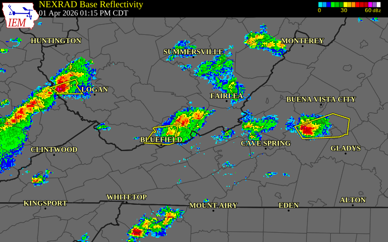 NEXRAD radar during the Wednesday, April 1, 2026 storm activity in Mercer County, West Virginia