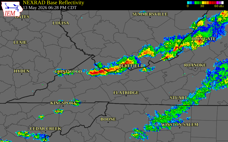 NEXRAD radar during the Wednesday, May 13, 2026 storm activity in Mercer County, West Virginia