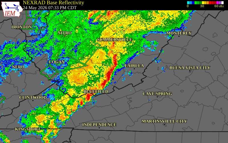 NEXRAD radar during the Sunday, May 24, 2026 storm activity in Mercer County, West Virginia