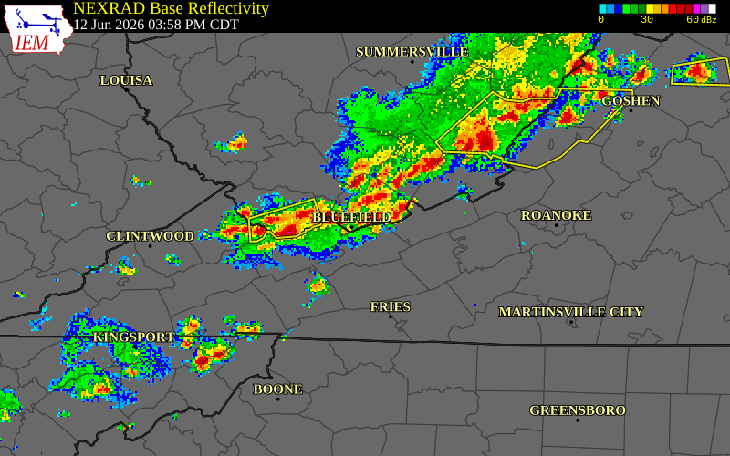 NEXRAD radar during the Friday, June 12, 2026 storm activity in Mercer County, West Virginia