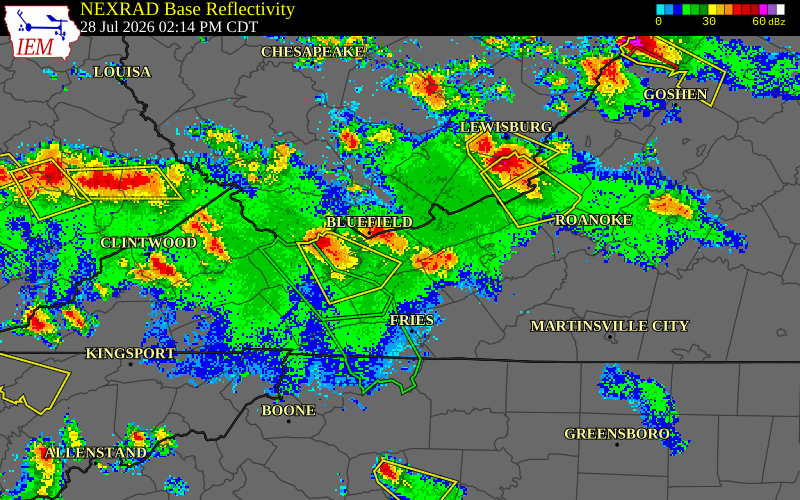 NEXRAD radar during the Tuesday, July 28, 2026 storm activity in Mercer County, West Virginia