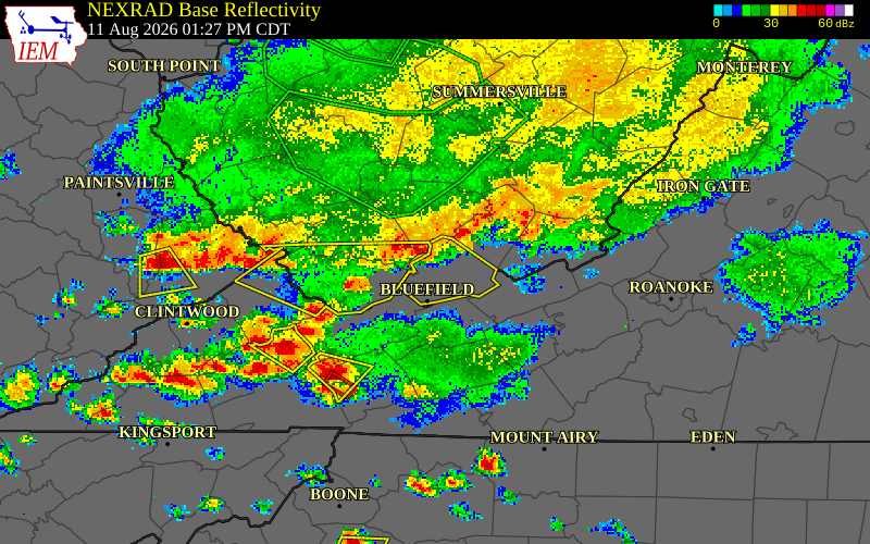 NEXRAD radar during the Tuesday, August 11, 2026 storm activity in Mercer County, West Virginia