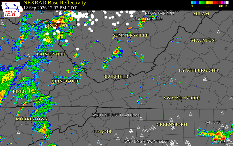 Current NEXRAD radar over Mercer County, West Virginia with recent storm report locations