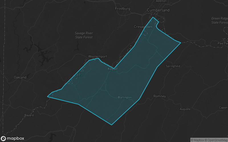 Map of Mineral County, West Virginia showing the county boundary and surrounding cities