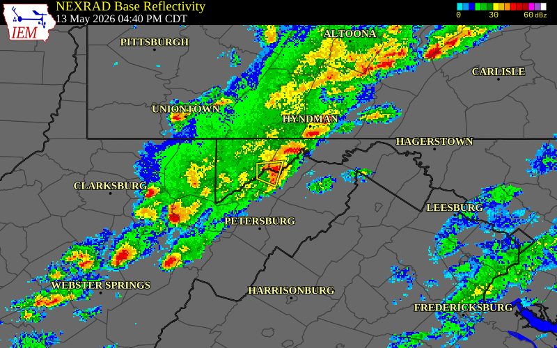 NEXRAD radar during the Wednesday, May 13, 2026 storm activity in Mineral County, West Virginia