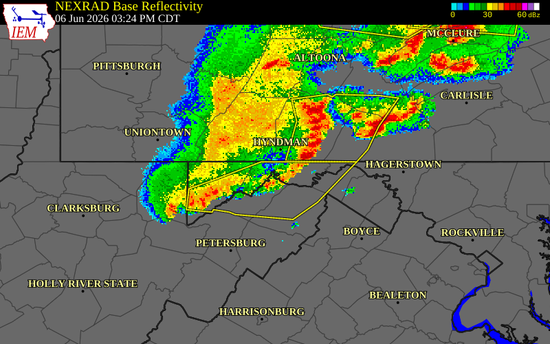 NEXRAD radar during the Saturday, June 6, 2026 storm activity in Mineral County, West Virginia