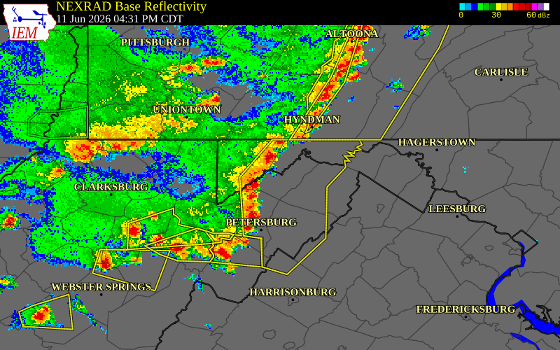 NEXRAD radar during the Thursday, June 11, 2026 storm activity in Mineral County, West Virginia