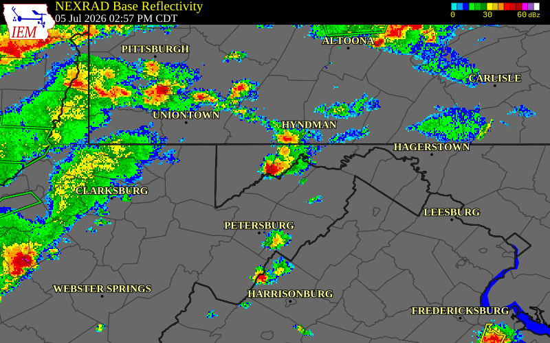 NEXRAD radar during the Sunday, July 5, 2026 storm activity in Mineral County, West Virginia
