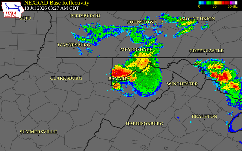 NEXRAD radar during the Saturday, July 18, 2026 storm activity in Mineral County, West Virginia