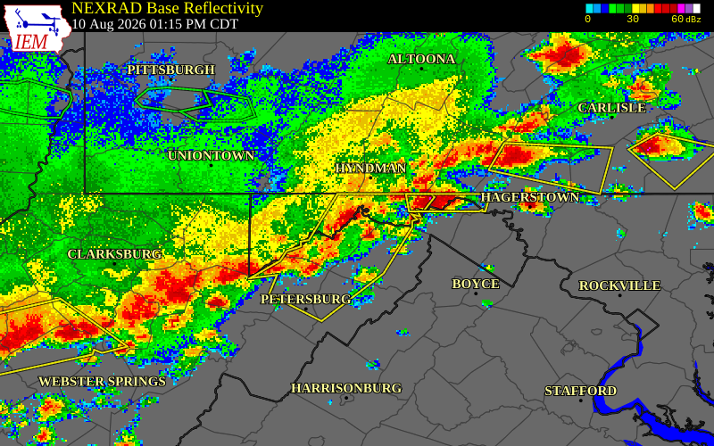NEXRAD radar during the Monday, August 10, 2026 storm activity in Mineral County, West Virginia