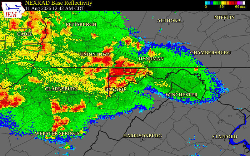 NEXRAD radar during the Tuesday, August 11, 2026 storm activity in Mineral County, West Virginia