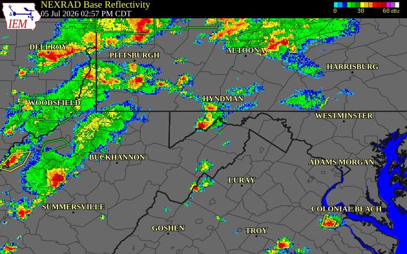Radar snapshot during the Jul 5, 2026 wind event near Mineral County, Mineral County, West Virginia, with NWS warning polygons