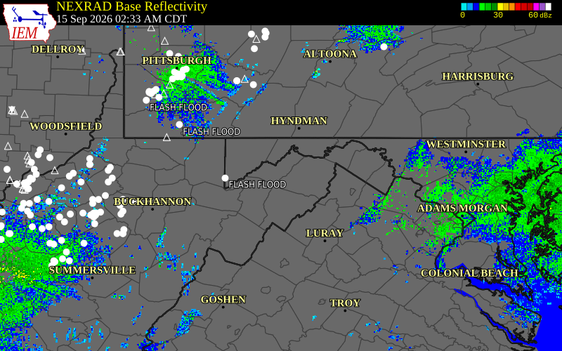 Current NEXRAD radar over Mineral County, West Virginia with recent storm report locations
