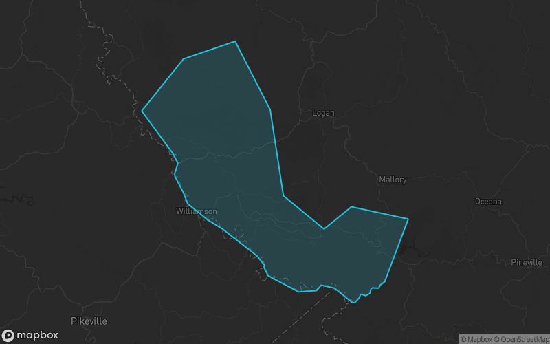 Map of Mingo County, West Virginia showing the county boundary and surrounding cities