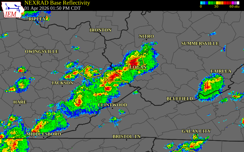 NEXRAD radar during the Wednesday, April 1, 2026 storm activity in Mingo County, West Virginia