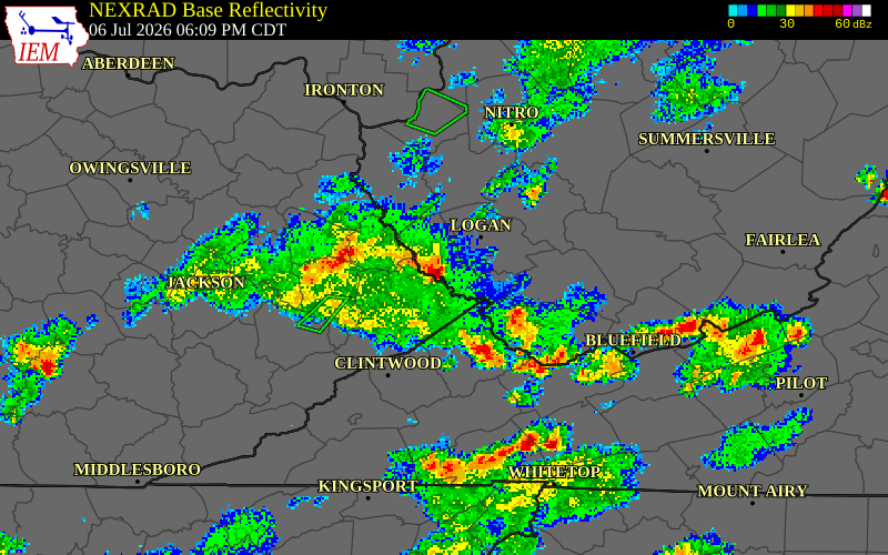 NEXRAD radar during the Monday, July 6, 2026 storm activity in Mingo County, West Virginia