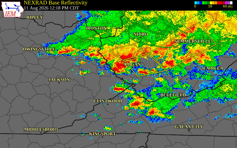 NEXRAD radar during the Tuesday, August 11, 2026 storm activity in Mingo County, West Virginia