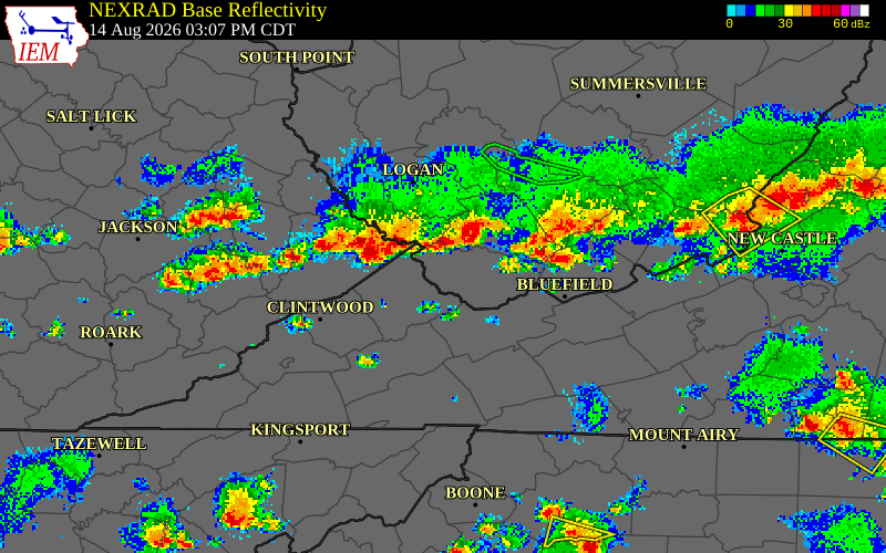 NEXRAD radar during the Friday, August 14, 2026 storm activity in Mingo County, West Virginia