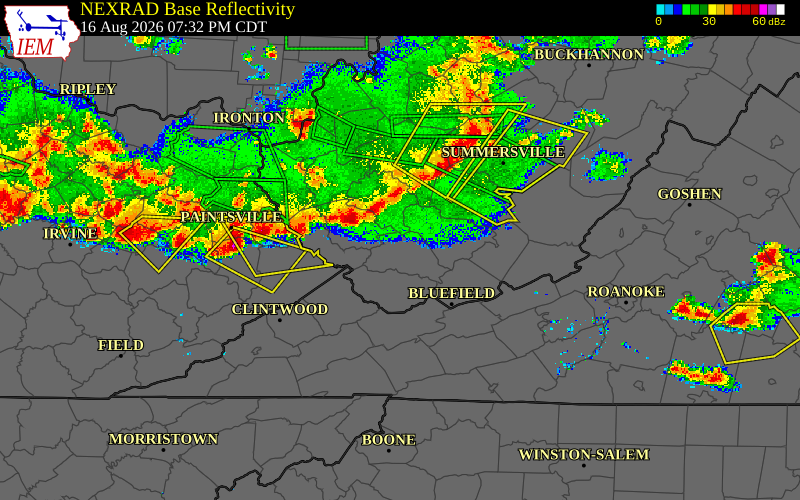 Radar snapshot during the Aug 16, 2026 wind event near Mingo County, Mingo County, West Virginia, with NWS warning polygons