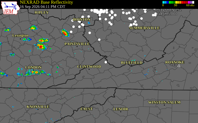 Current NEXRAD radar over Mingo County, West Virginia with recent storm report locations
