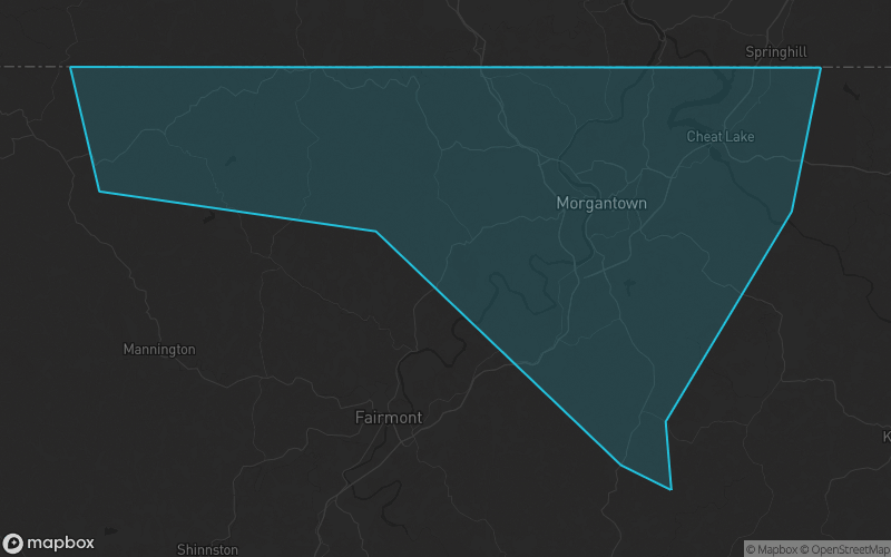 Map of Monongalia County, West Virginia showing the county boundary and surrounding cities