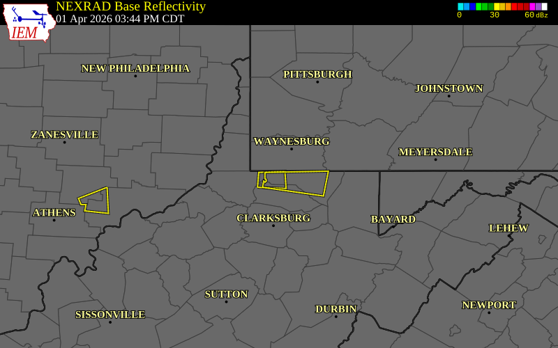 NEXRAD radar during the Wednesday, April 1, 2026 storm activity in Monongalia County, West Virginia