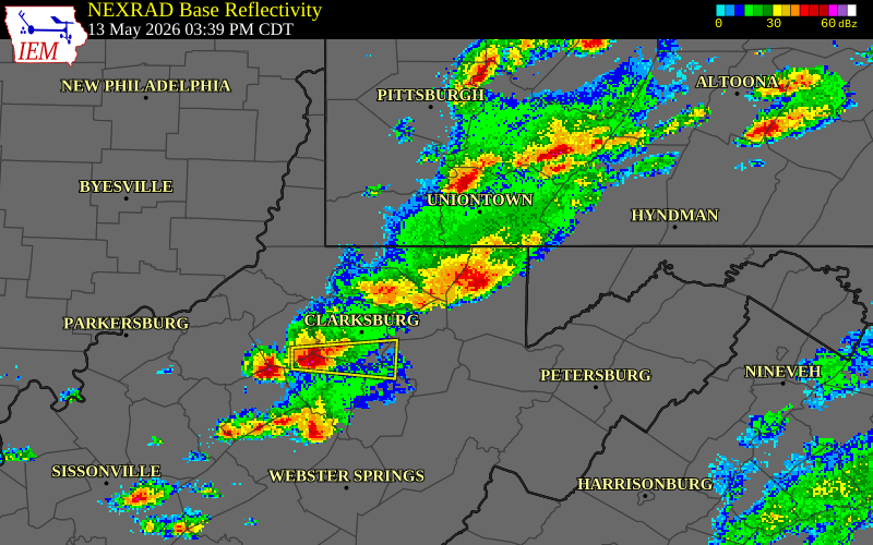 NEXRAD radar during the Wednesday, May 13, 2026 storm activity in Monongalia County, West Virginia