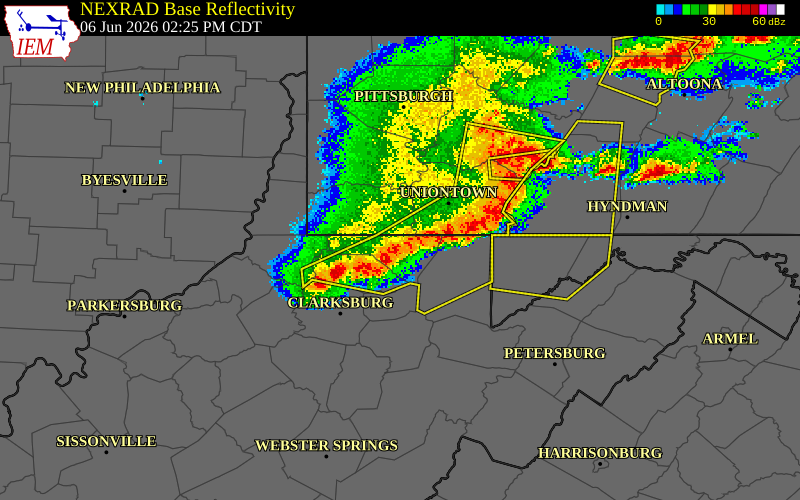NEXRAD radar during the Saturday, June 6, 2026 storm activity in Monongalia County, West Virginia