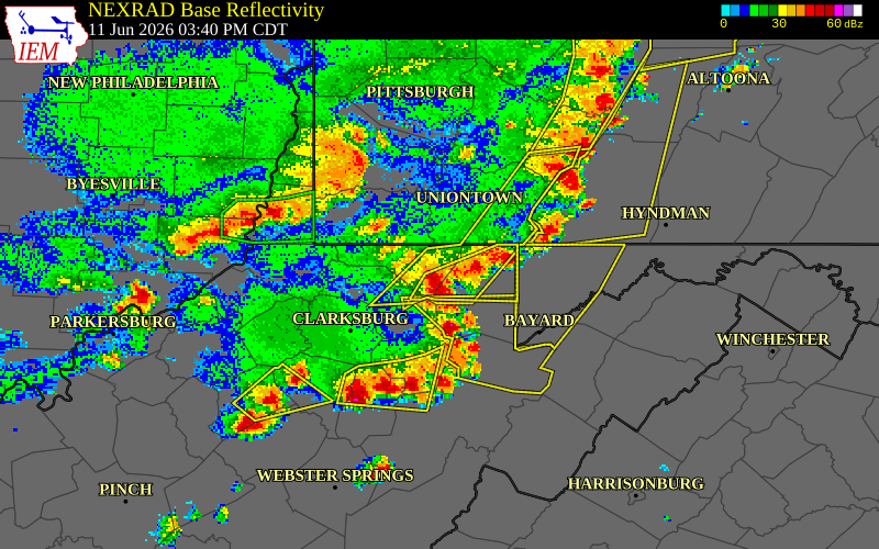 NEXRAD radar during the Thursday, June 11, 2026 storm activity in Monongalia County, West Virginia